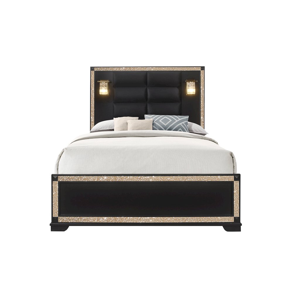 Traditional Glam Blake Black Queen Bed With Lamps, Black,Gold. Picture 1