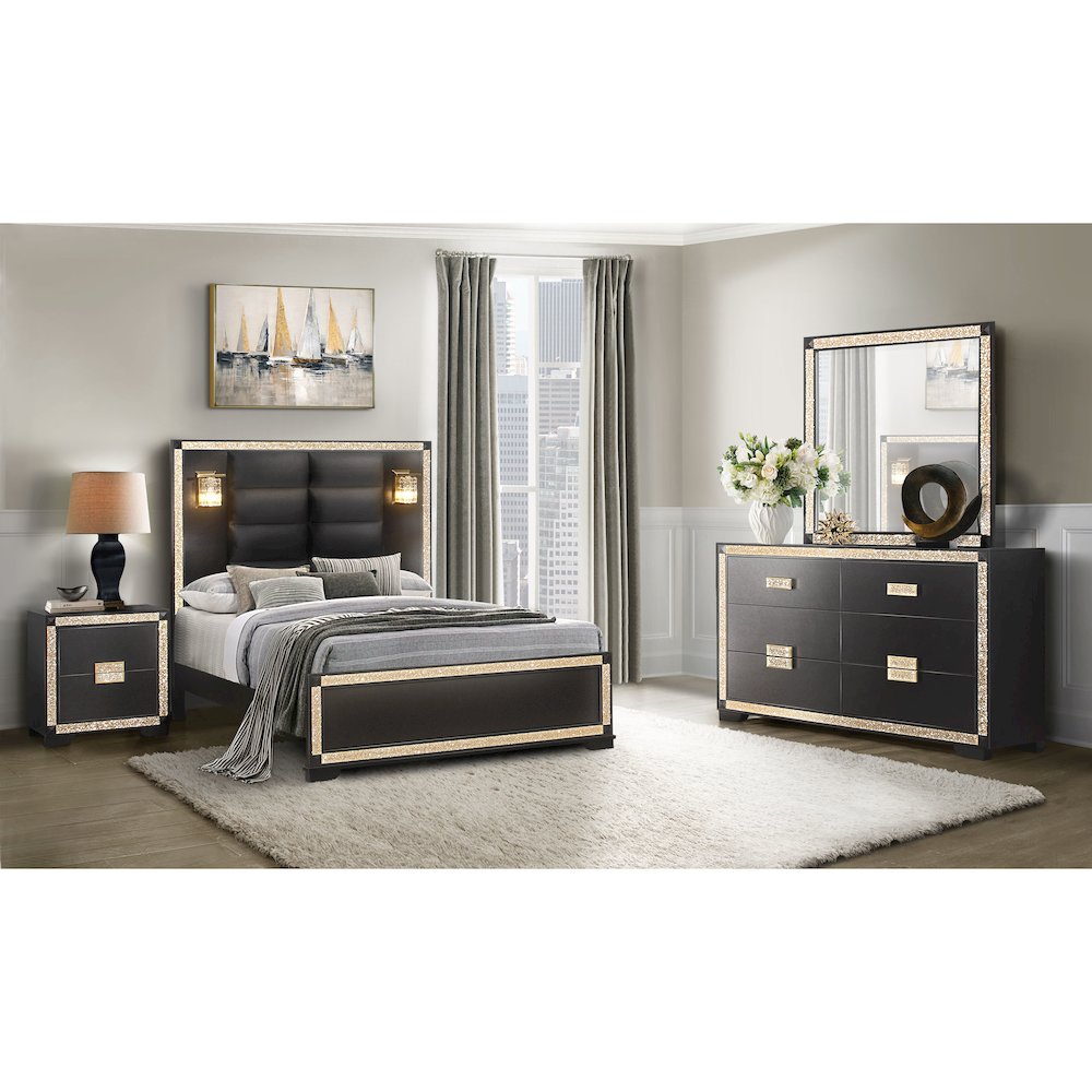 Traditional Glam Blake Black Queen Bed With Lamps, Black,Gold. Picture 4