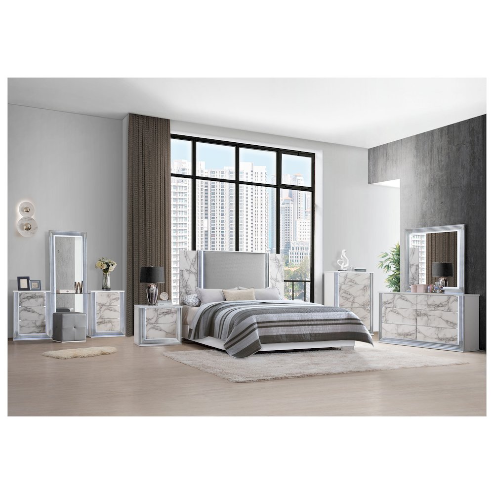 Modern Ylime White Marble King Bed Fully Slatted With Led, White. Picture 4