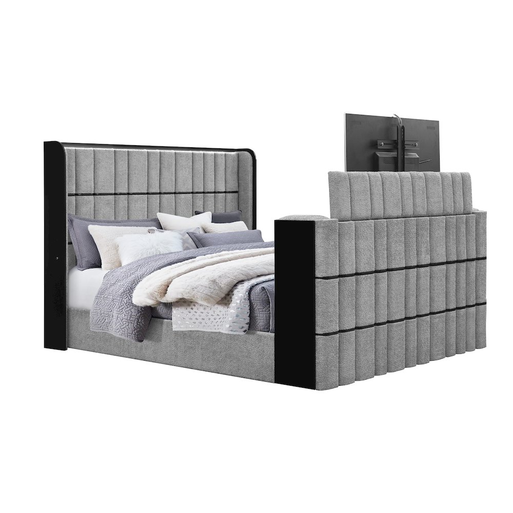 Isabella Grey King Bed W/Led, Tv Lift, Speaker And Fireplace. Picture 3