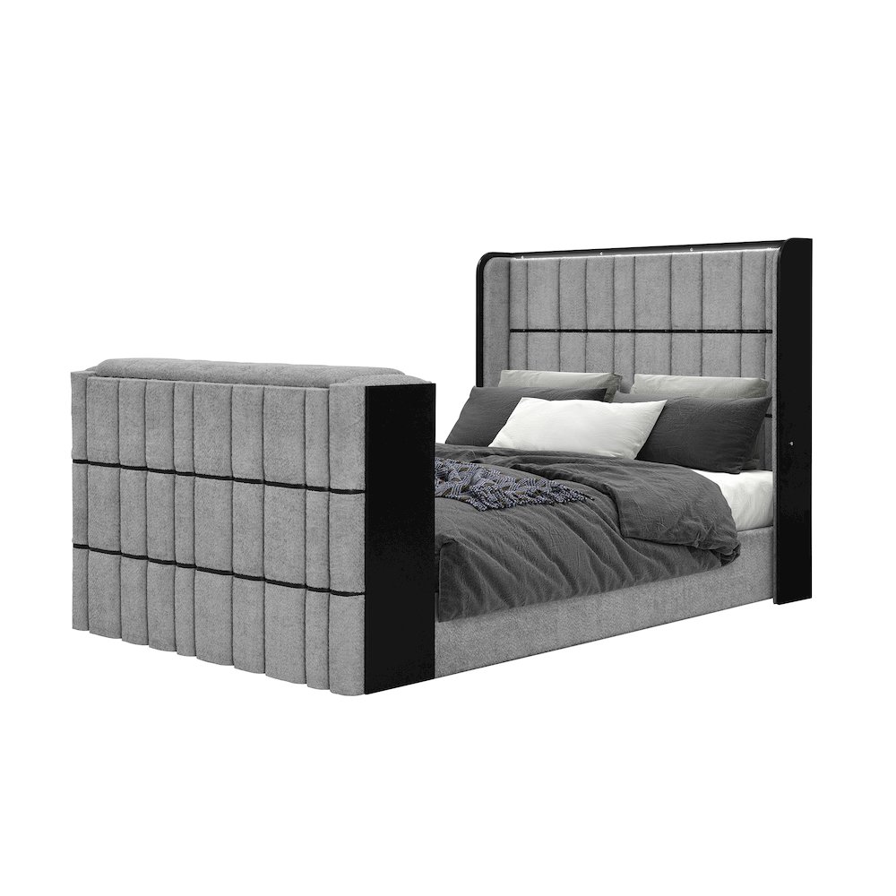 Isabella Grey Queen Bed W/Led, Tv Lift, Speaker And Fireplace. Picture 2