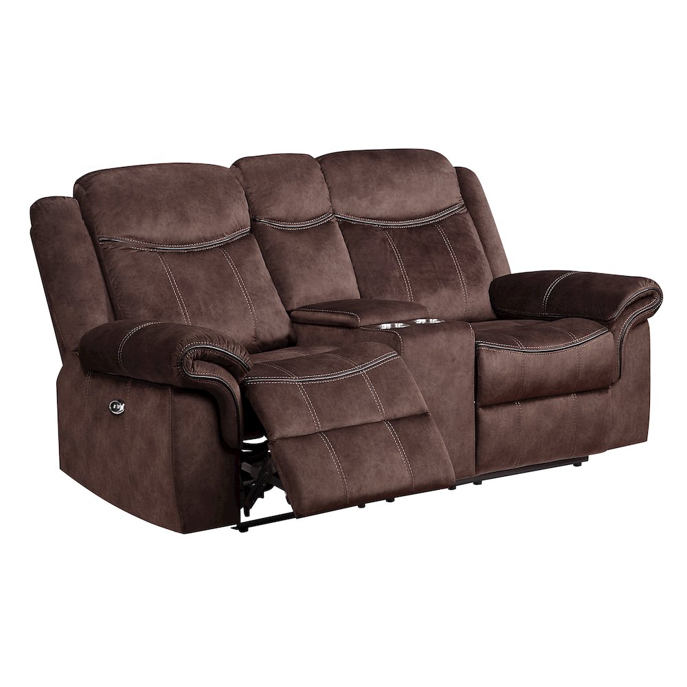 Transitional Domino Power Console Reclining Loveseat With Power Switch, Coffee. Picture 1