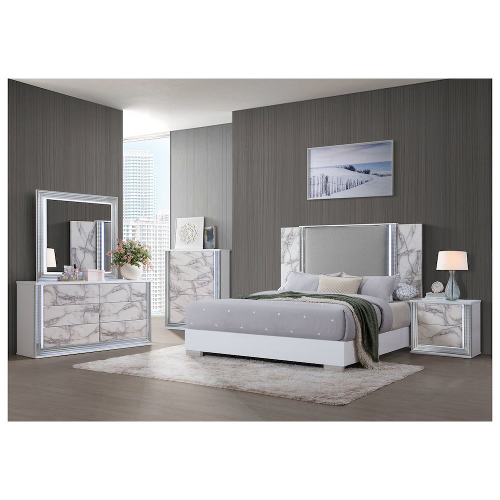 Modern Ylime White Marble King Bed Fully Slatted With Led, White. Picture 3