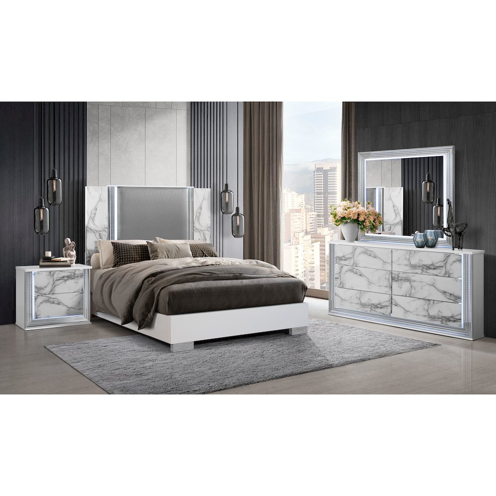 Modern Ylime White Marble Queen Bed With Led, White. Picture 4