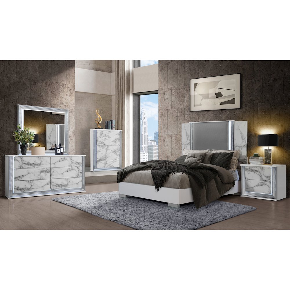 Modern Ylime White Marble Queen Bed With Led, White. Picture 3