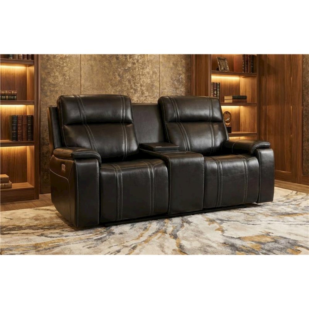 U8880 Black Leather Power Console Reclining Loveseat With Cooler. Picture 1