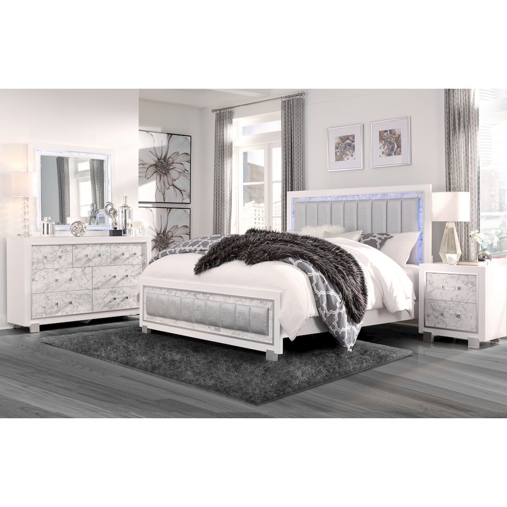 Contemporary Santorini Metallic White Queen Bed In A Box, Metallic White. Picture 1