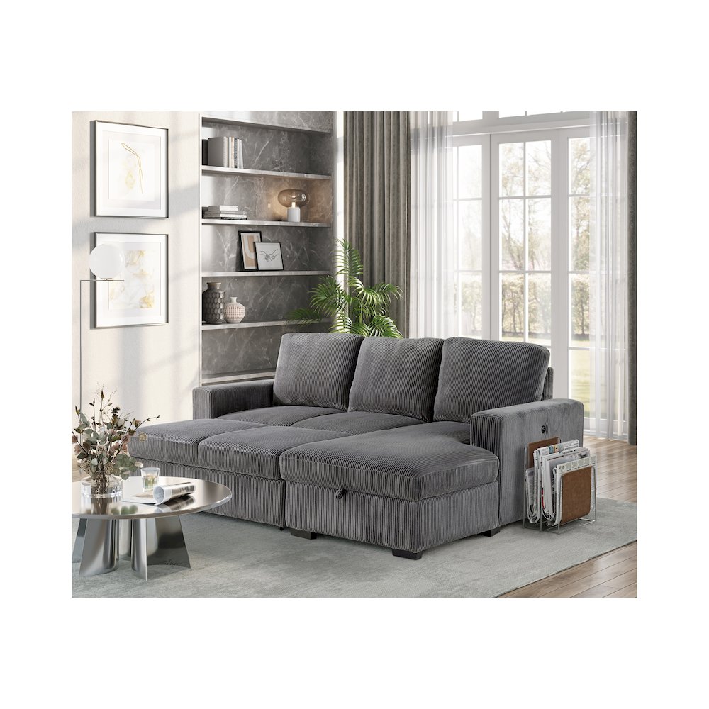U2660 Grey L Sofa Bed Sectional With Pullout. Picture 1
