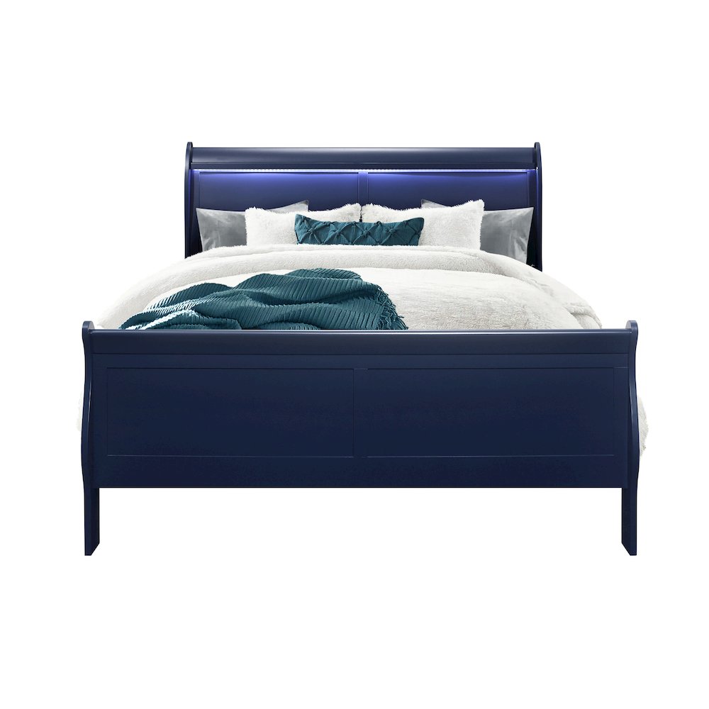 Traditional Glam Charlie Blue Queen Bed With Led, Blue. Picture 1