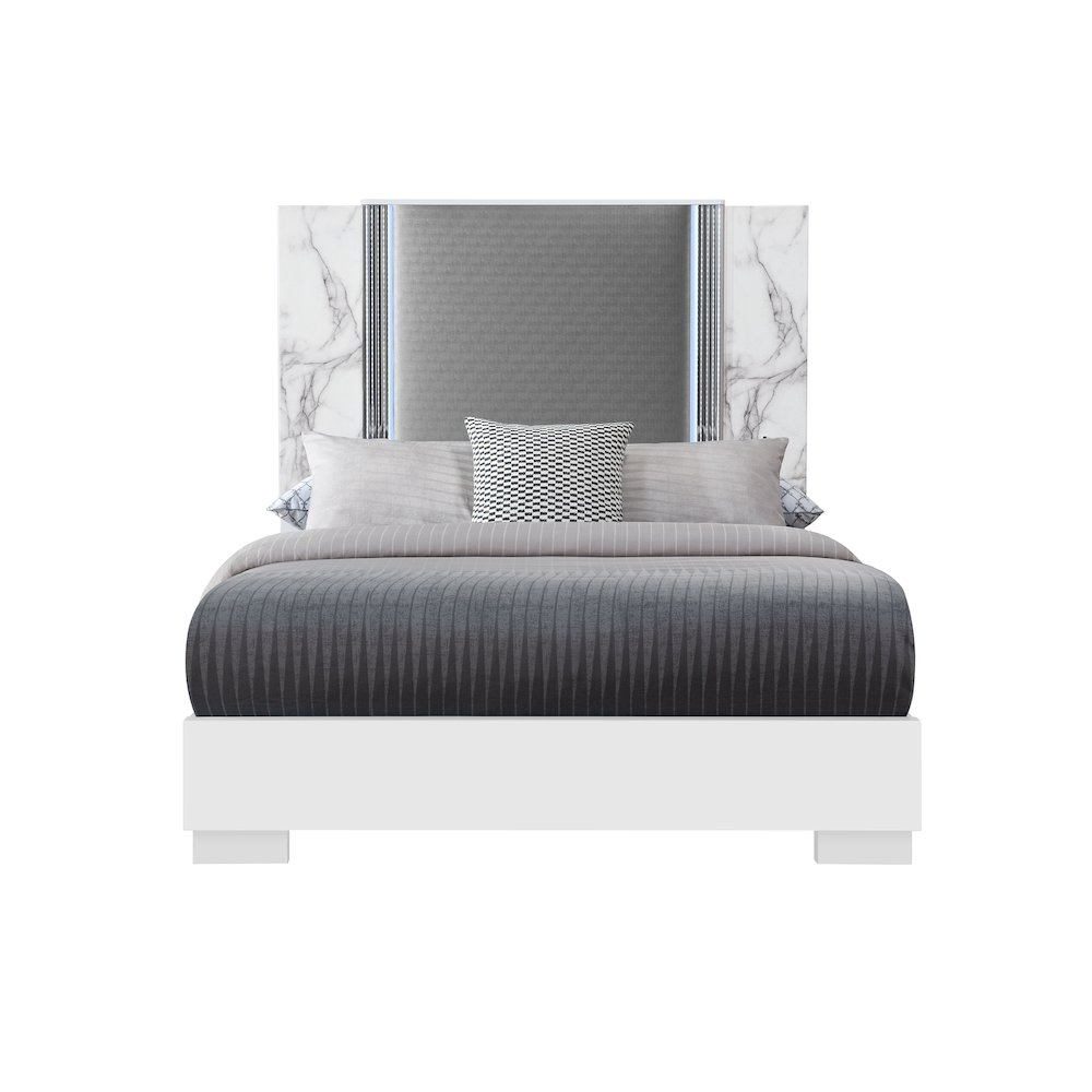 Modern Ylime White Marble Queen Bed With Led, White. Picture 1