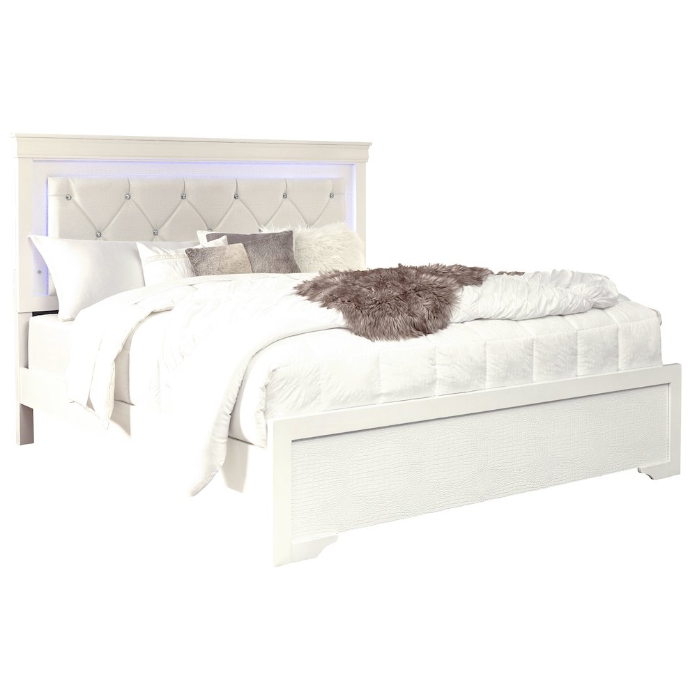 Traditional Glam Pompei Metalliic White King Bed With Led, White. Picture 2