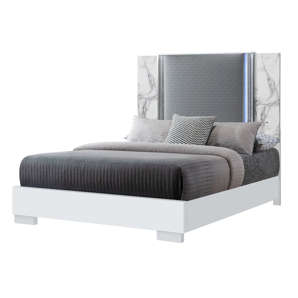 Modern Ylime White Marble Queen Bed With Led, White. Picture 2
