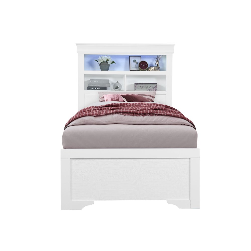 Traditional Glam Pompei Metallic White Bookcase Twin Bed With Led, White. Picture 1