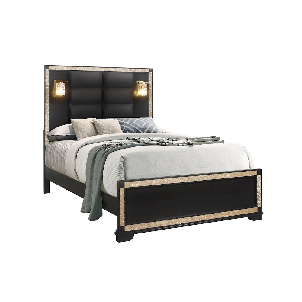 Traditional Glam Blake Black Queen Bed With Lamps, Black,Gold. Picture 2