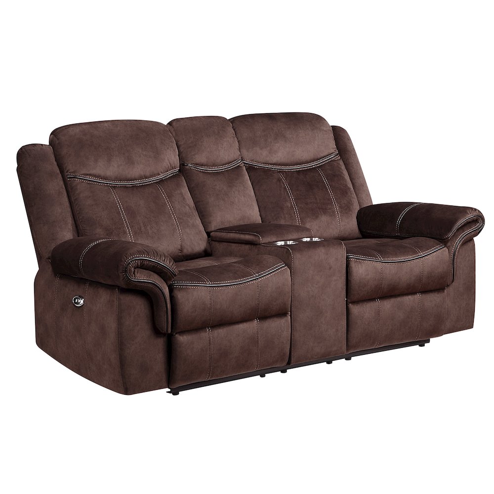 Transitional Domino Power Console Reclining Loveseat With Power Switch, Coffee. Picture 3