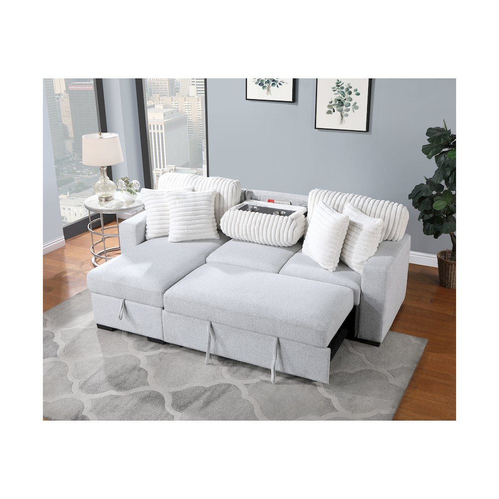 Transitional Reversible Pull Out Sofa Bed, Light Grey,White. Picture 2