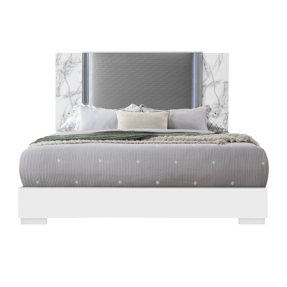 Modern Ylime White Marble King Bed Fully Slatted With Led, White. Picture 1