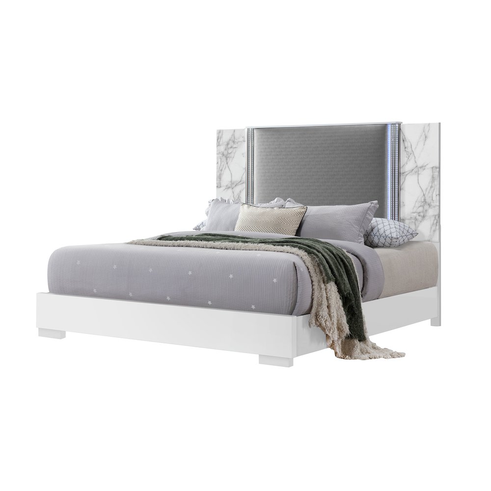 Modern Ylime White Marble King Bed Fully Slatted With Led, White. Picture 2
