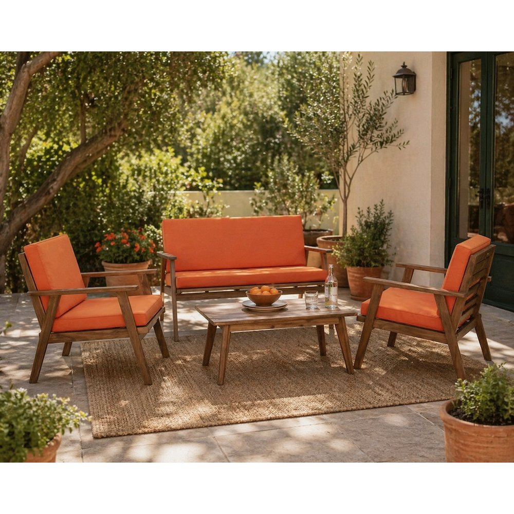 Acacia Fabric Outdoor Chat Set with Foam Cushions and Ambient Brown Finish. Picture 2