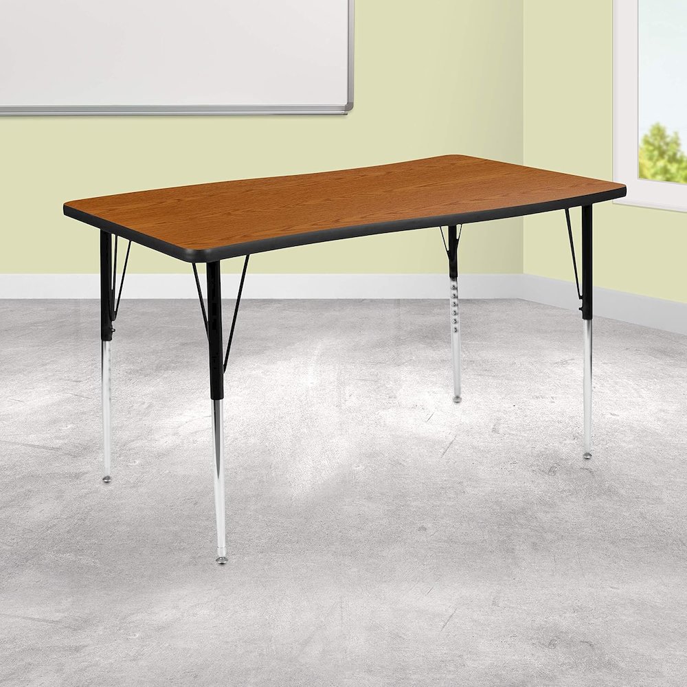28"W x 47.5"L Rectangular Wave Flexible Collaborative Oak Thermal Laminate Activity Table - Standard Height Adjustable Legs. Picture 2
