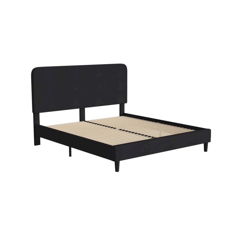 Charcoal King Fabric Upholstered Platform Bed - Headboard with Rounded Edges - No Box Spring or Foundation Needed. Picture 1