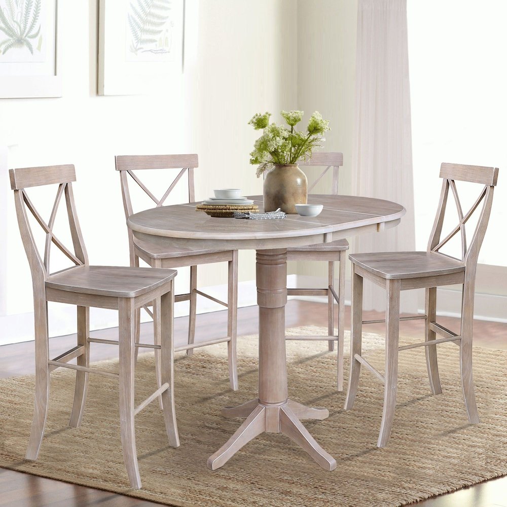 36" Round Extension Dining Table with Four Bar Height Stools, Washed Gary Taupe- 683826. Picture 2
