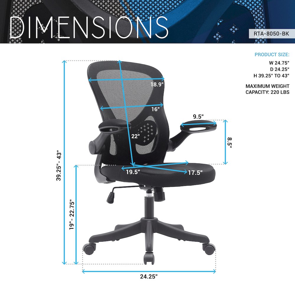 Techni Mobili Black Mesh Office Chair with Lumbar Support and Flip-Up Arms. Picture 7