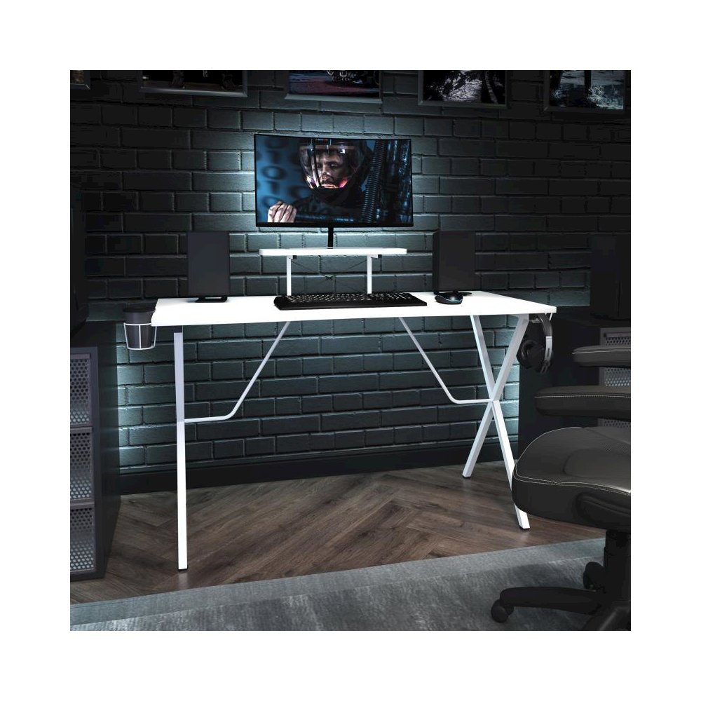 White Gaming Desk with Cup Holder, Headphone Hook, and Monitor/Smartphone Stand. Picture 2