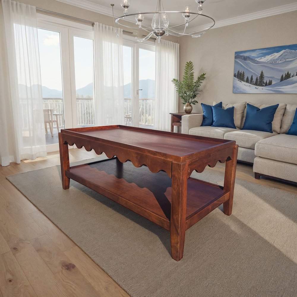Scallop Coffee Table - Rectangular Mango Wood Side Table - Lower Shelf. Picture 6