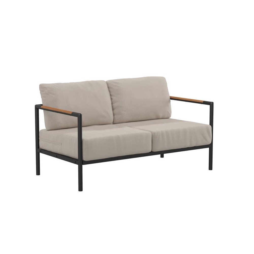 Indoor/Outdoor Patio Loveseat with Cushions-Modern Aluminum Framed Loveseat with Teak Accent Arms, Black with Beige Cushions. Picture 1