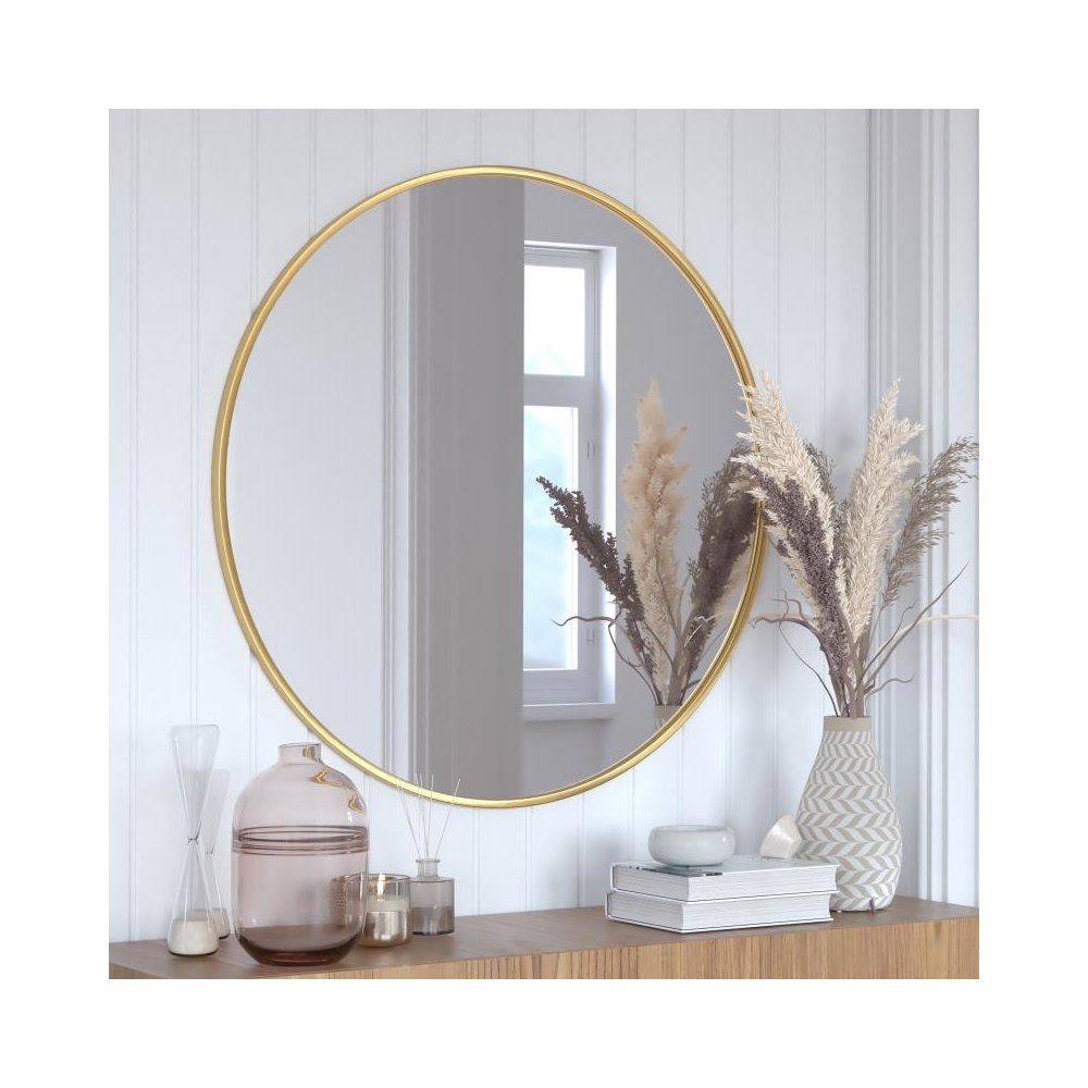24" Round Gold Metal Framed Wall Mirror - Large Accent Mirror for Bathroom, Vanity, Entryway, Dining Room, & Living Room. Picture 2