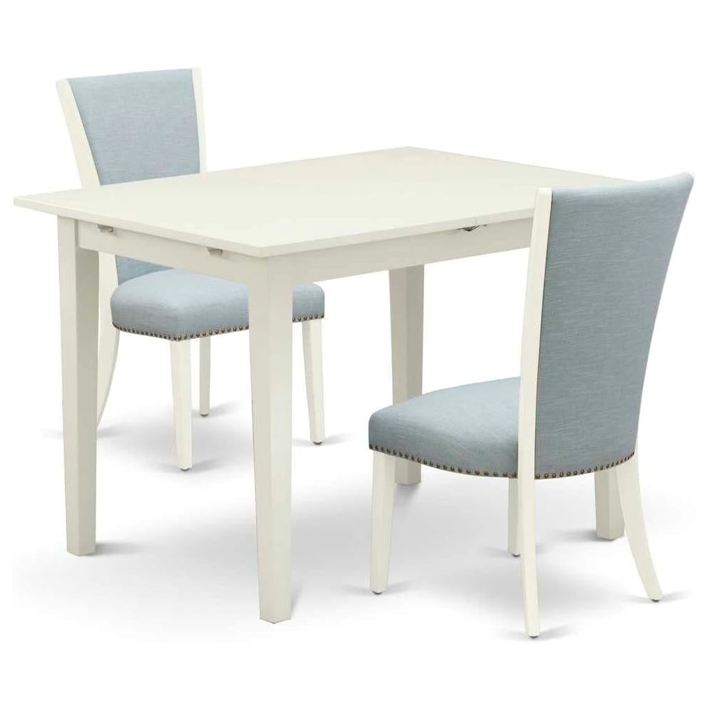 East-West Furniture NFVE3-WHI-15 - A dining room table set of 2 great kitchen dining chairs with Linen Fabric Baby Blue color and a stunning 12" butterfly leaf rectangle kitchen table with Linen White. Picture 1
