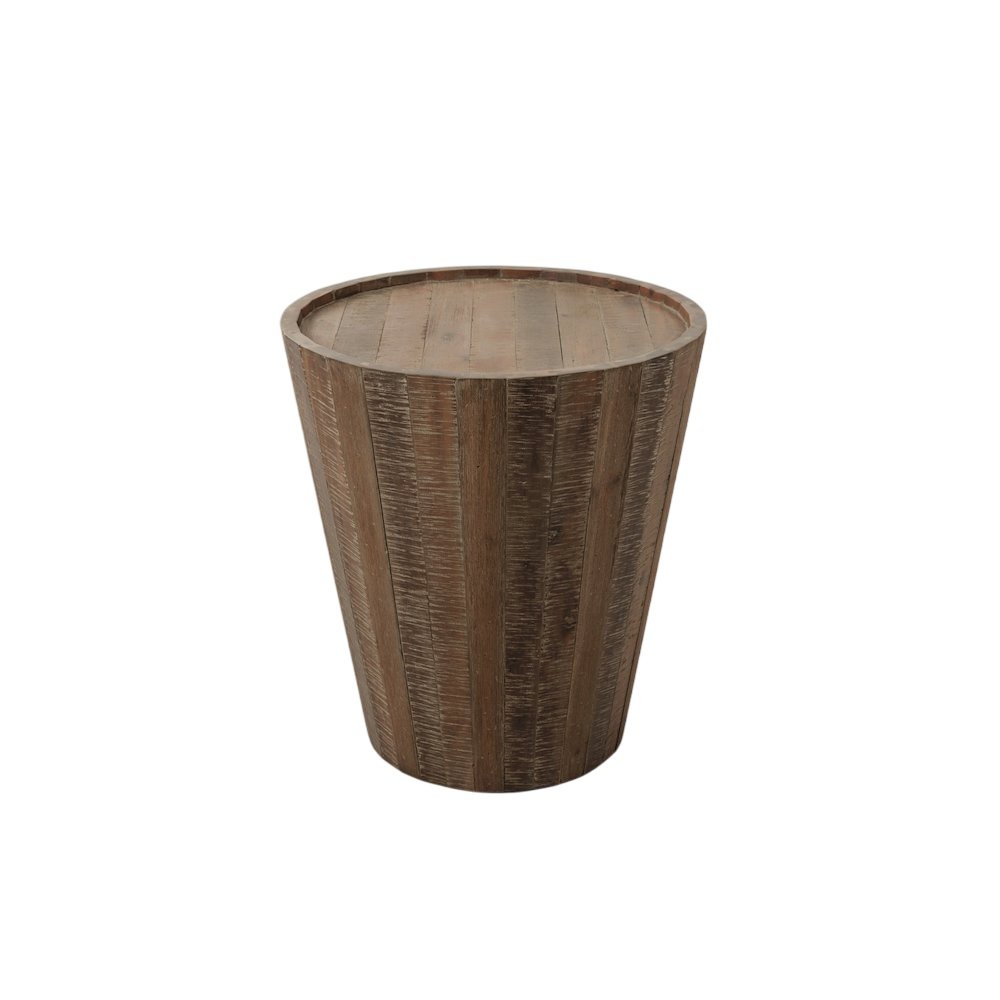 Conundrum Modern Distressed Solid Wood Drum End Table. Picture 1