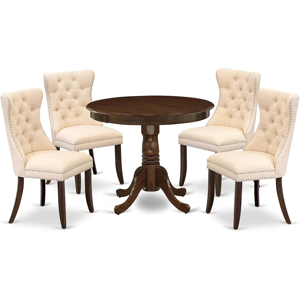 East West Furniture ANDA5-AWA-32 5 Piece Dining Room Set Includes a Round Kitchen Table with Pedestal and 4 Padded Chairs, Antique Walnut. Picture 1
