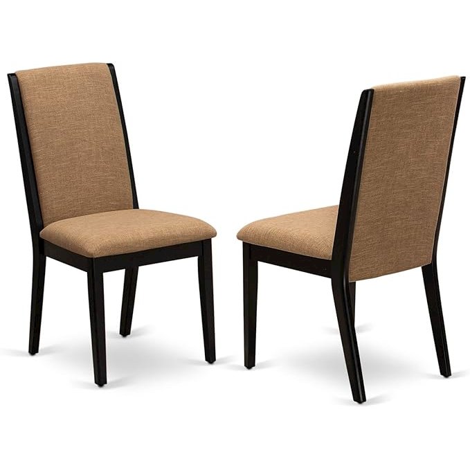 9 Piece Dining Room Set Includes a Rectangle Wooden Table with Removable Leaf and 8 Light Sable Linen Fabric Parson Dining Chairs, 42x92 Inch, Jacobean. Picture 2