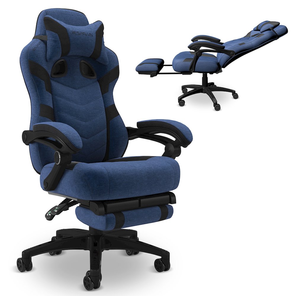 110 Pro Ergonomic Office/Gaming  Chair, Lumbar Support, Headrest, Blue Fabric. Picture 1