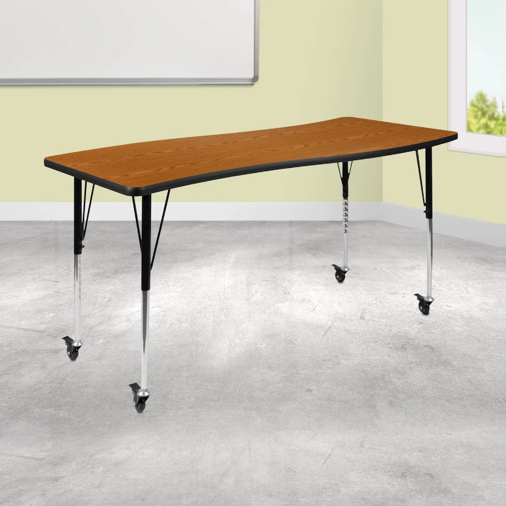 Mobile 26"W x 60"L Rectangular Wave Flexible Collaborative Oak Thermal Laminate Activity Table - Standard Height Adjustable Legs. Picture 2