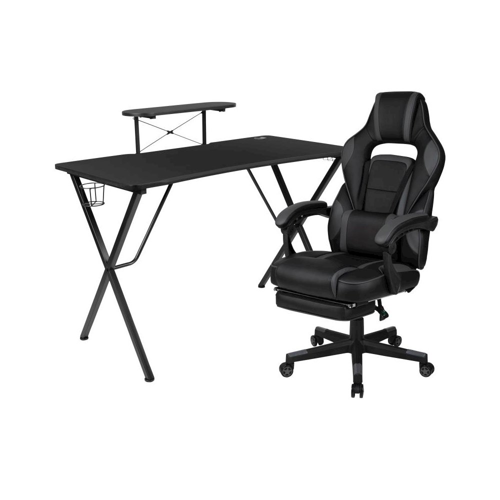 Black Gaming Desk with Cup Holder/Headphone Hook/Monitor Stand & Black Reclining Back/Arms Gaming Chair with Footrest. Picture 1