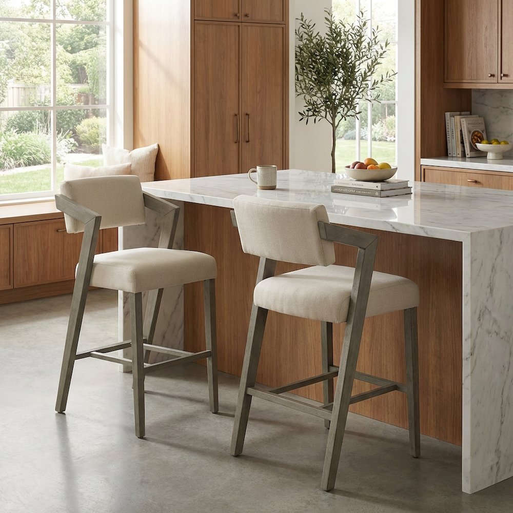 Grey Fabric Counter Height Stool with Wooden Aged Gray Finish and Low Back. Picture 7