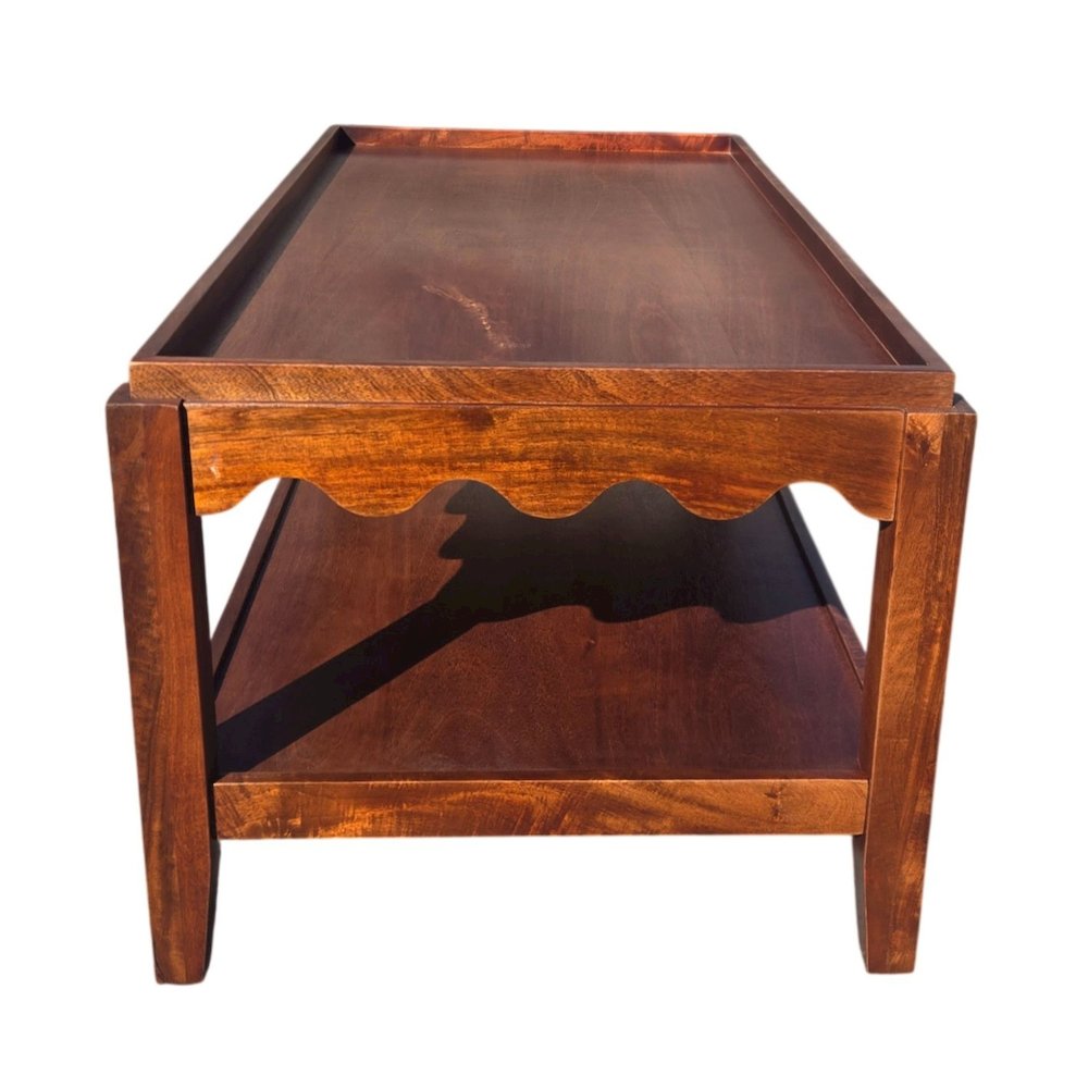 Scallop Coffee Table - Rectangular Mango Wood Side Table - Lower Shelf. Picture 4