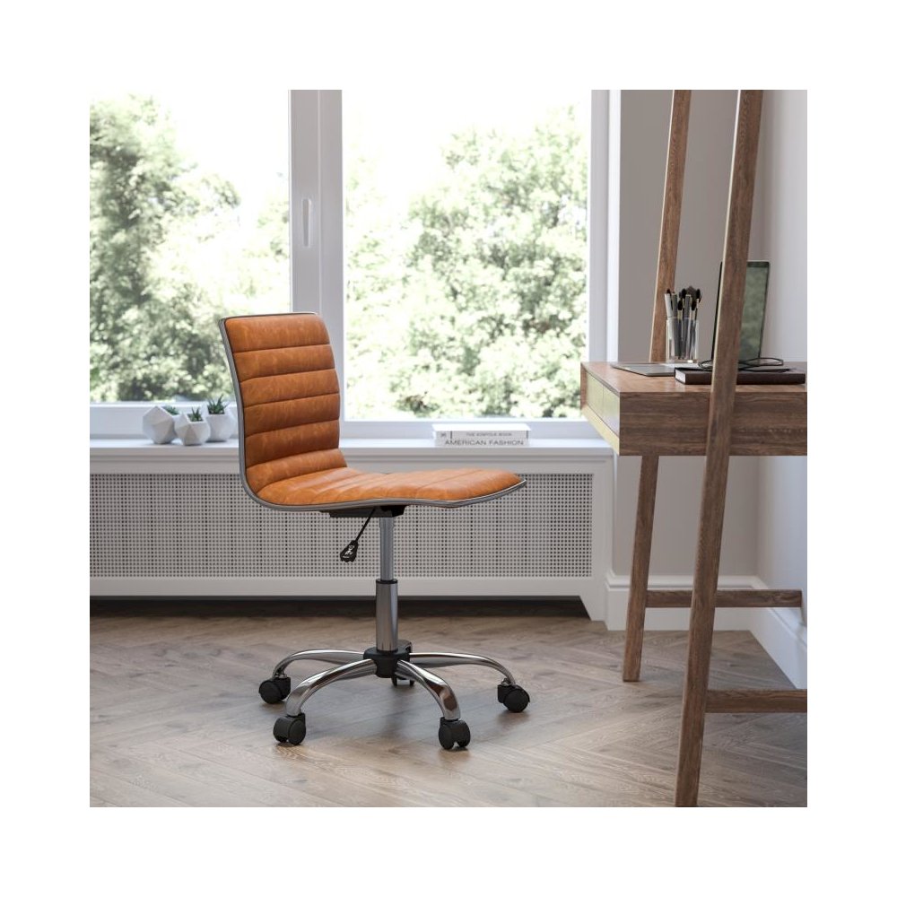 Low Back Designer Armless Brown Ribbed Swivel Task Office Chair. Picture 2