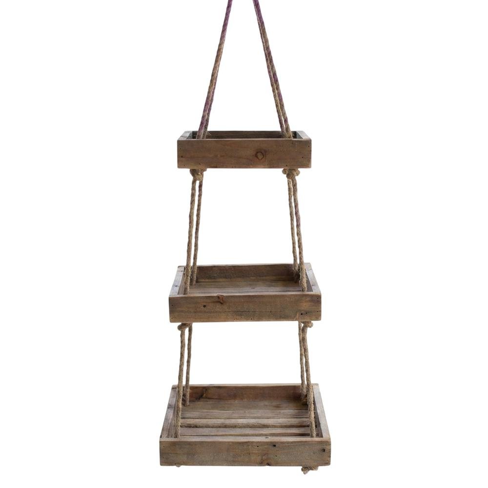 Hanging Three Tiered Sq Recycled Wood Display W Jute Rope. Picture 1