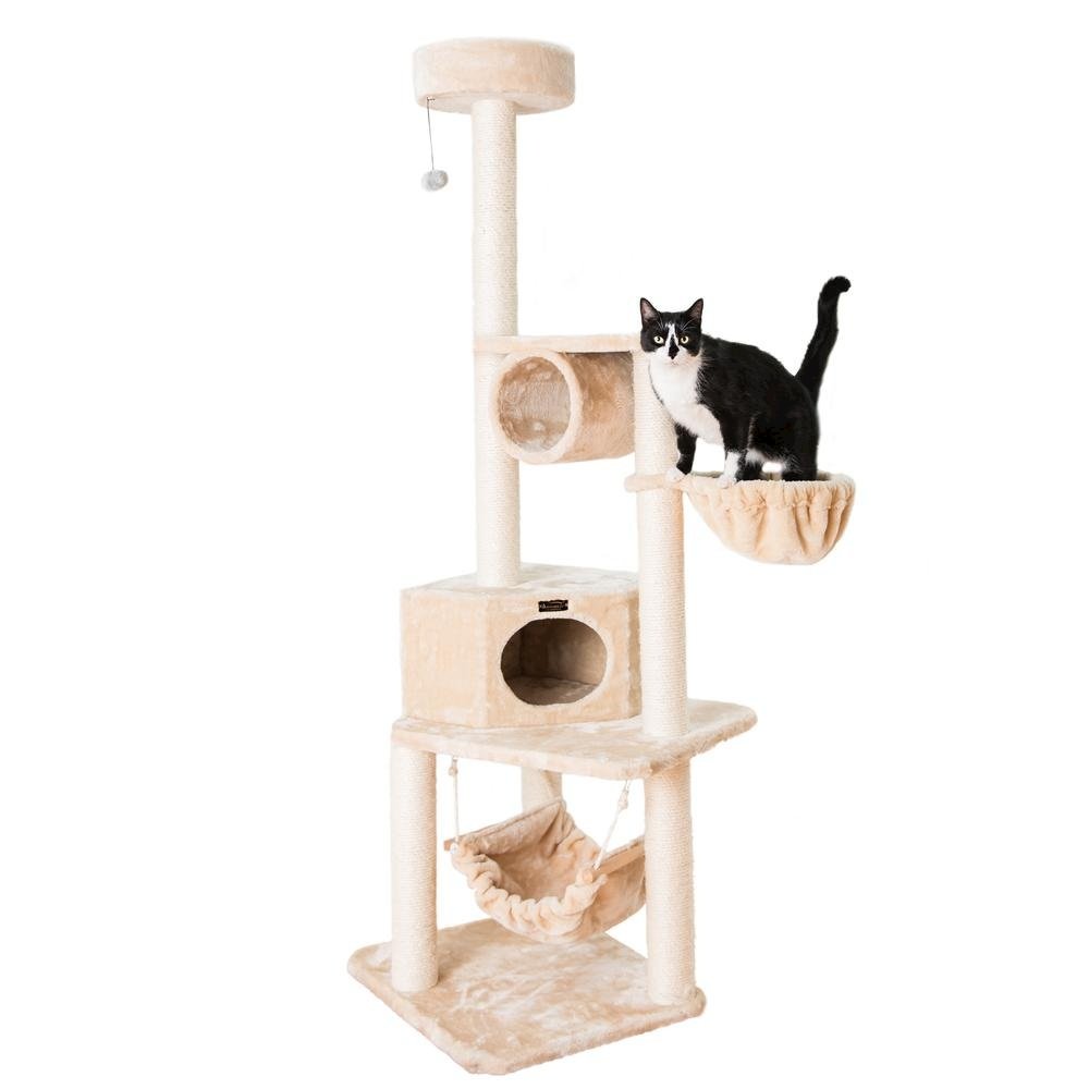 72" H Pet Real Wood Cat Tower, Tower Entertainment Furniture, Basket, Perch. Picture 1