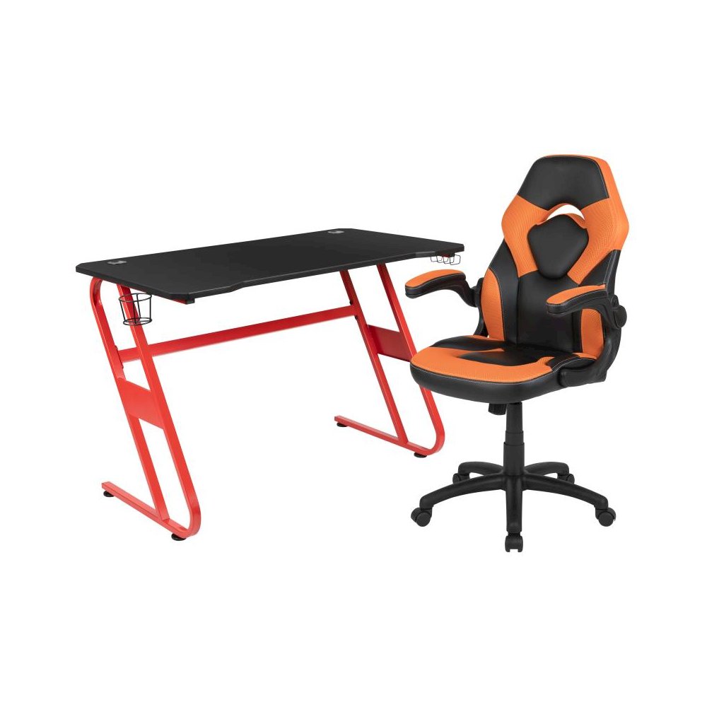 Red Gaming Desk and Orange/Black Racing Chair Set with Cup Holder and Headphone Hook. Picture 1
