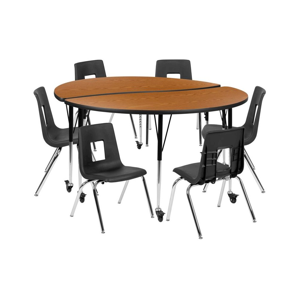 60" Circle Wave Flexible Laminate Activity Table Set with 16" Student Stack Chairs, Oak/Black. Picture 1