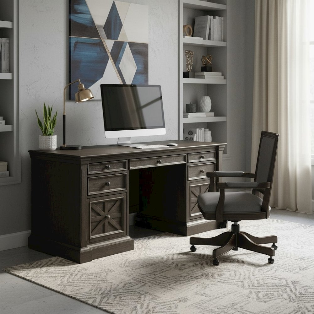 Traditional Credenza, 7 Drawers, 2 Locking Files, Power Center, Dark Brown. Picture 2