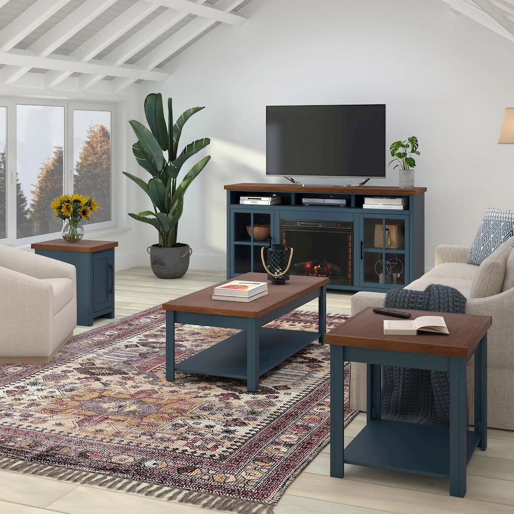 Blue Denim and Whiskey Brown Finish Open Storage Coffee Table. Picture 7