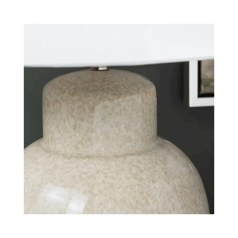 28" Transitional Tan Ceramic Table Lamp with Silver Accents & White Linen Shade. Picture 5