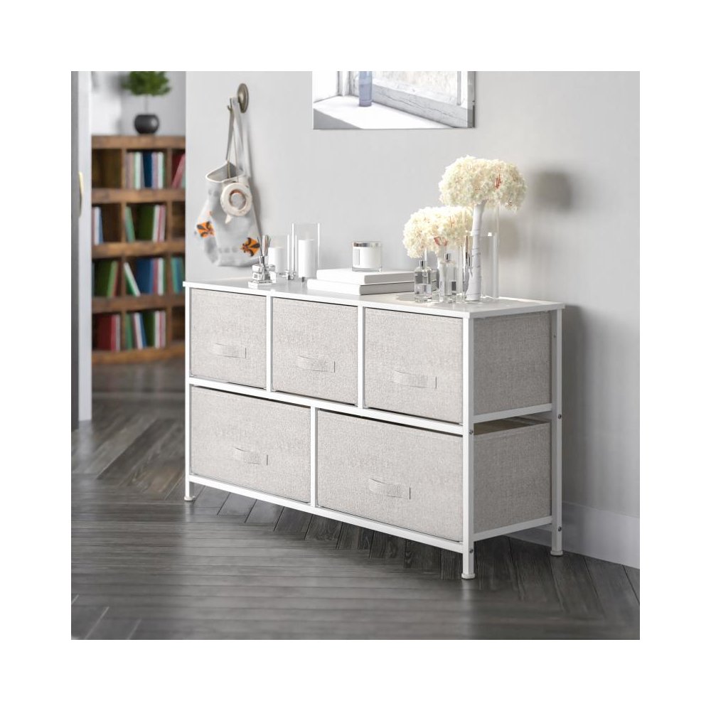5 Drawer Wood Top White Cast Iron Frame Vertical Storage Dresser with Light Gray Easy Pull Fabric Drawers. Picture 2
