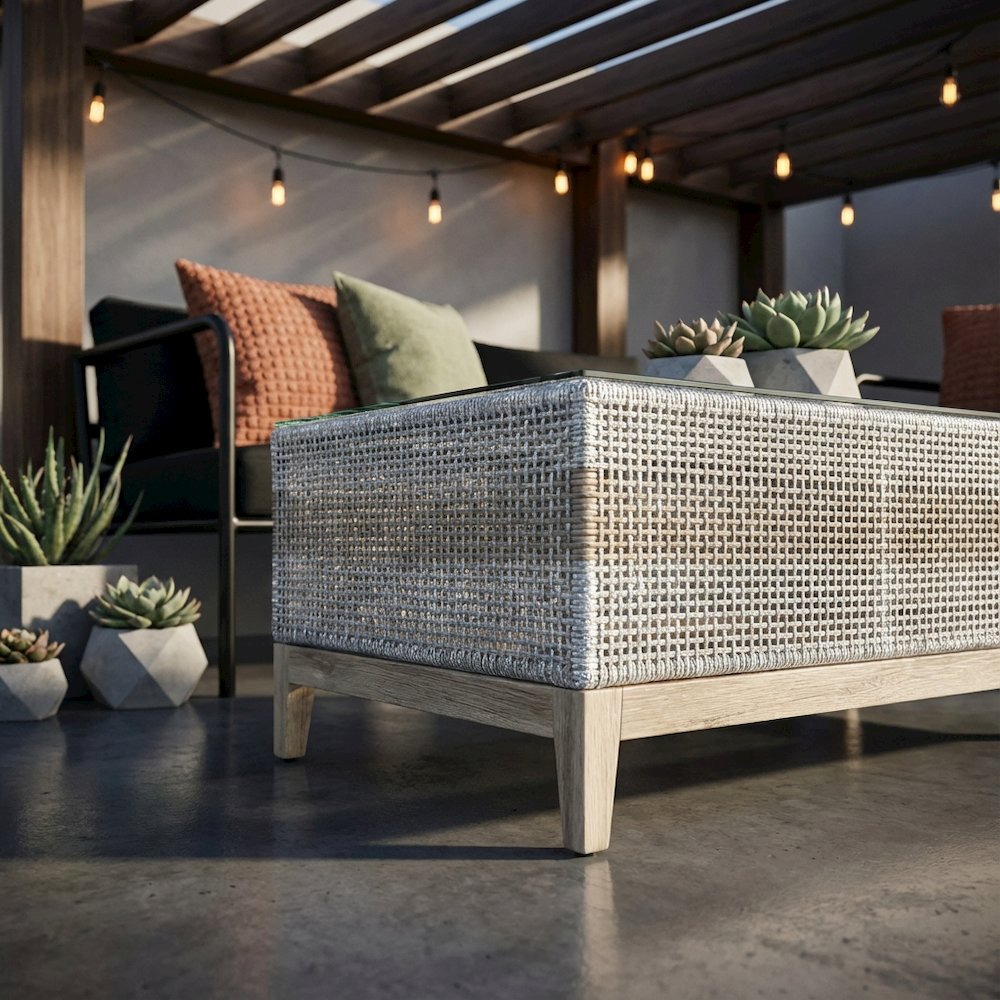White Transitional Outdoor Coffee Table, Teak Wood Frame, Tempered Glass Surface. Picture 2